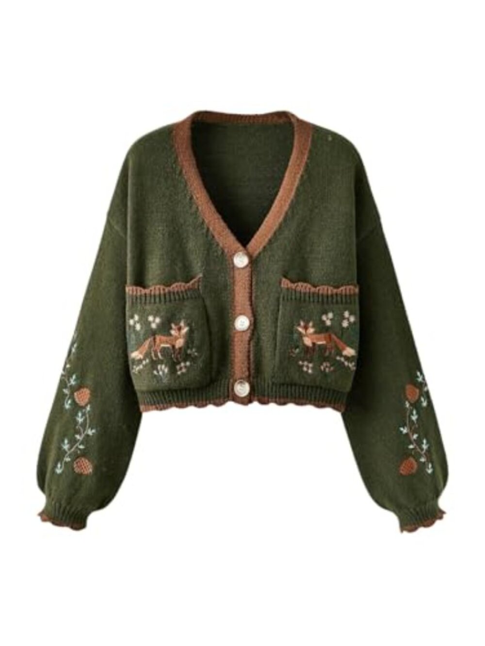 Flower Embroidered Button Down Cardigan Chunky Cable Knit Long Sleeve Loose
